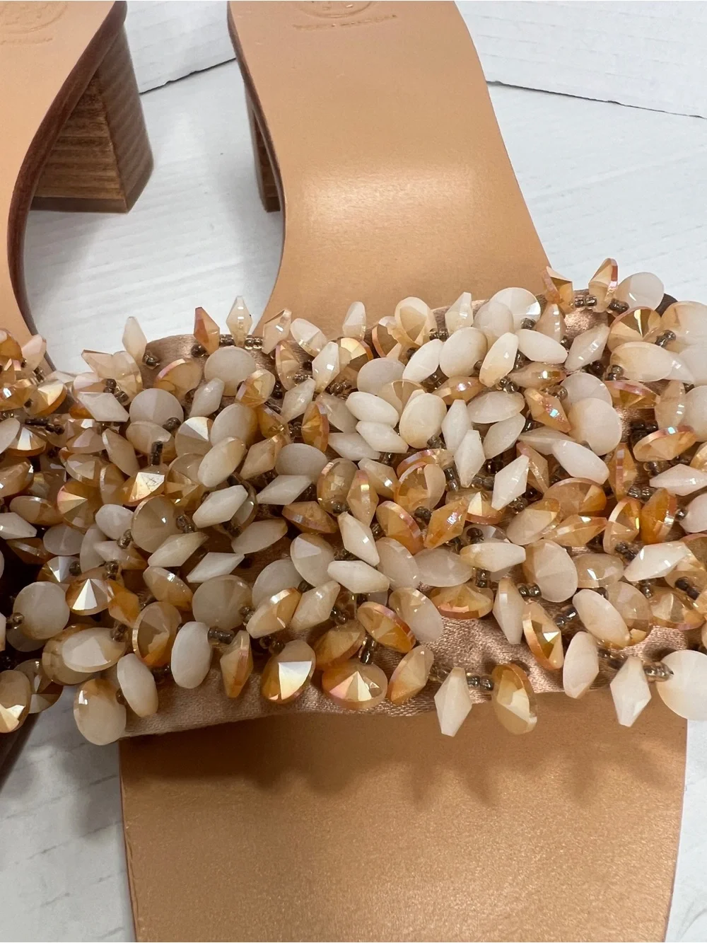 Tory Burch Beaded Rose/Neutral Tan Slide Mules Sandals